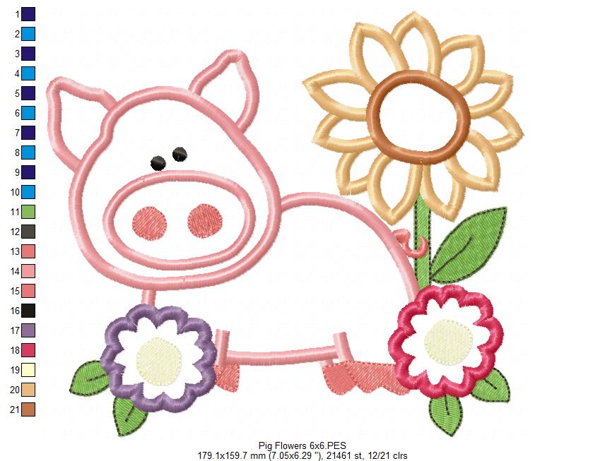 Farm Pig and Flowers - Applique