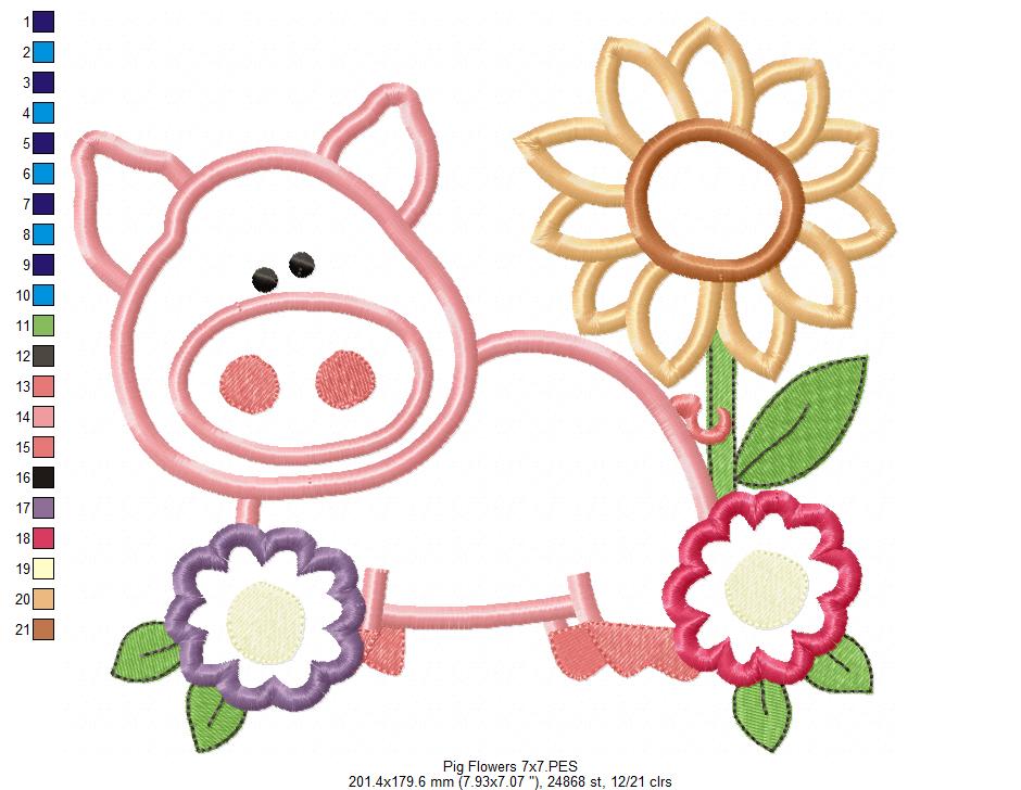 Farm Pig and Flowers - Applique