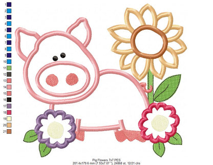 Farm Pig and Flowers - Applique