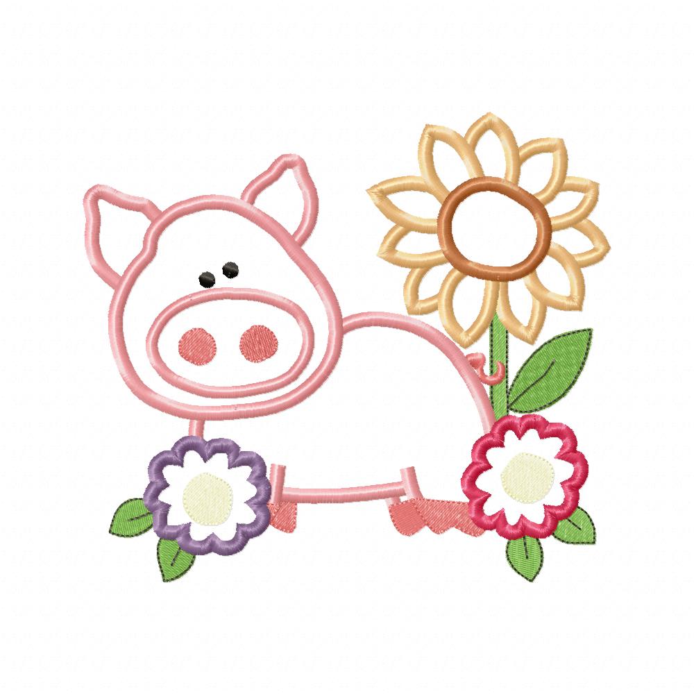 Farm Pig and Flowers - Applique