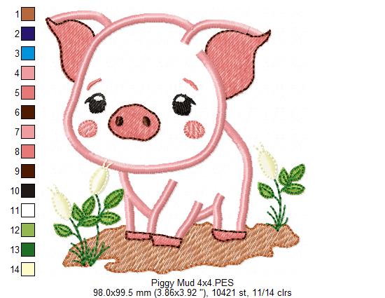 Piggy in the Mud - Applique - Machine Embroidery Design
