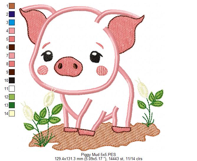 Piggy in the Mud - Applique - Machine Embroidery Design