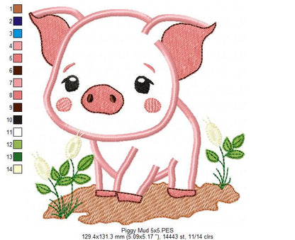 Piggy in the Mud - Applique - Machine Embroidery Design