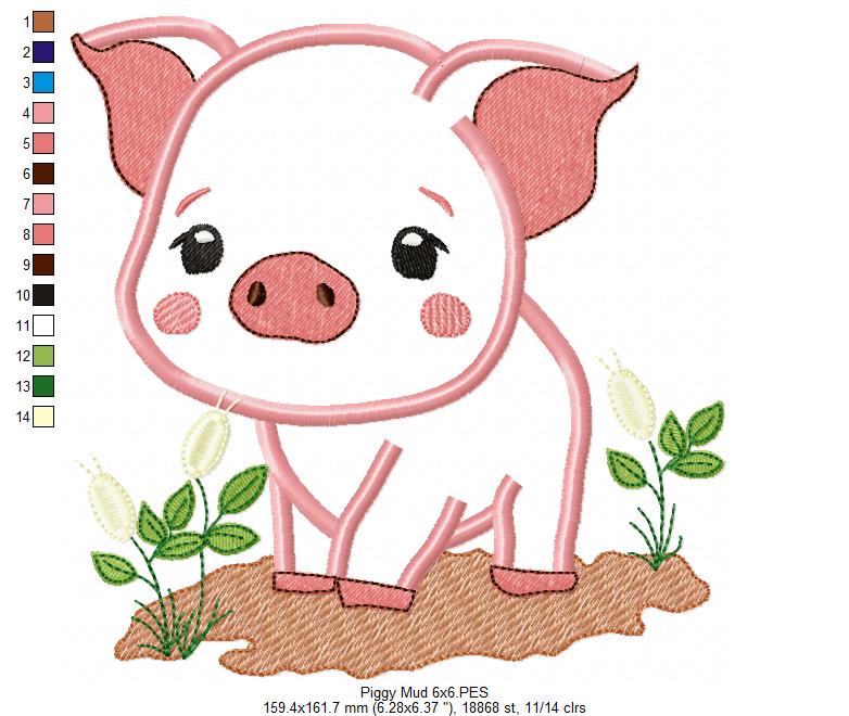 Piggy in the Mud - Applique - Machine Embroidery Design