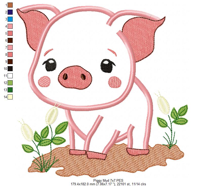 Piggy in the Mud - Applique - Machine Embroidery Design