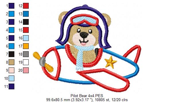Aviator Pilot Bear - Applique - Machine Embroidery Design