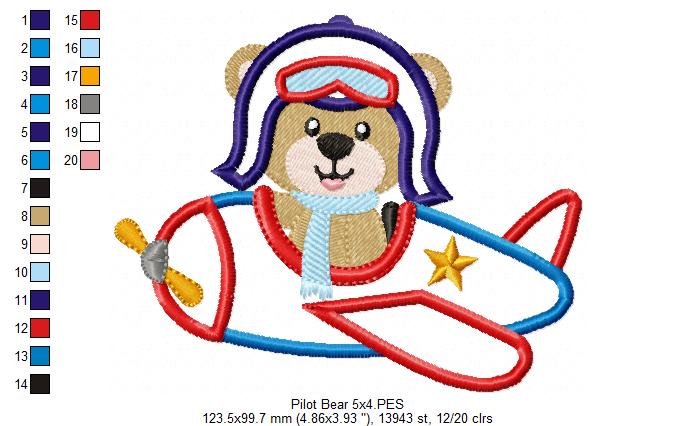 Aviator Pilot Bear - Applique - Machine Embroidery Design