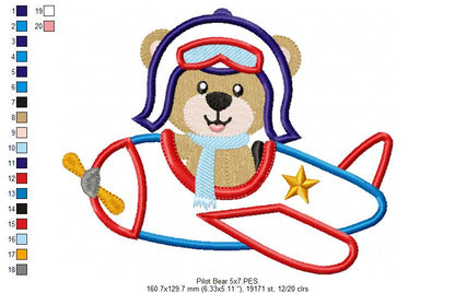 Aviator Pilot Bear - Applique - Machine Embroidery Design