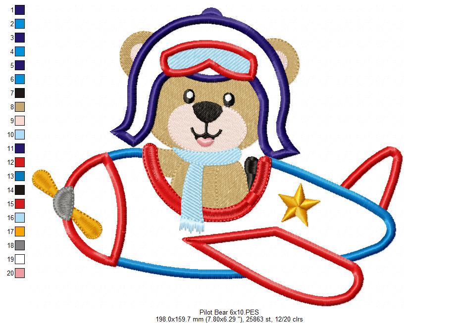 Aviator Pilot Bear - Applique - Machine Embroidery Design