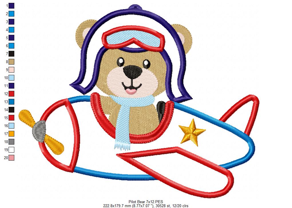 Aviator Pilot Bear - Applique - Machine Embroidery Design