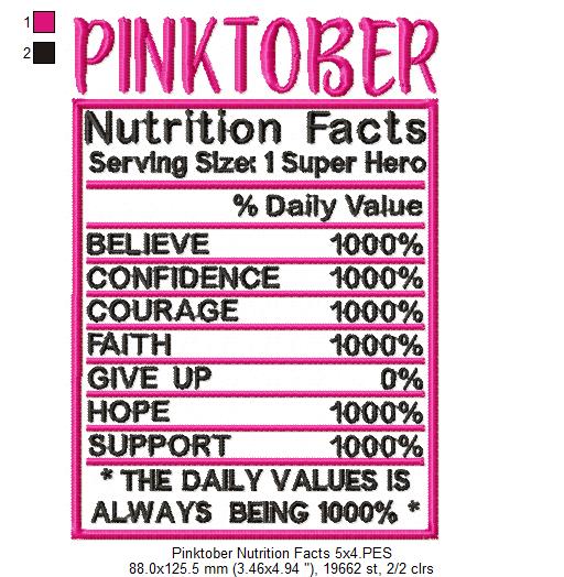 Pink October Nutrition Facts - Fill Stitch - Machine Embroidery Design
