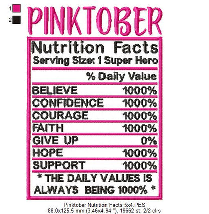 Pink October Nutrition Facts - Fill Stitch - Machine Embroidery Design