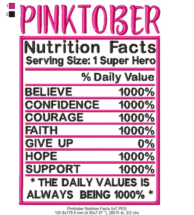 Pink October Nutrition Facts - Fill Stitch - Machine Embroidery Design