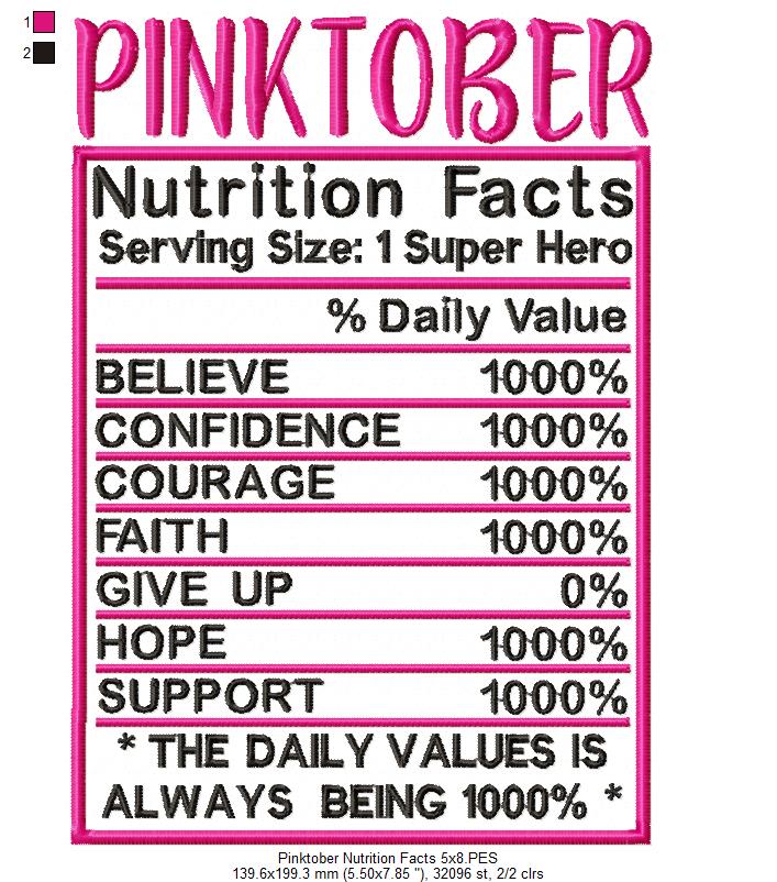 Pink October Nutrition Facts - Fill Stitch - Machine Embroidery Design