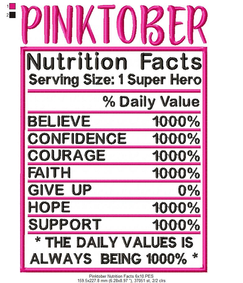 Pink October Nutrition Facts - Fill Stitch - Machine Embroidery Design