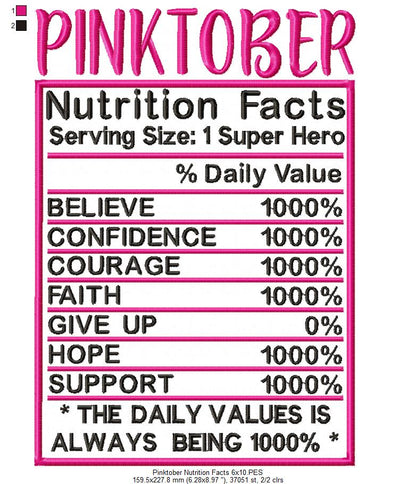 Pink October Nutrition Facts - Fill Stitch - Machine Embroidery Design