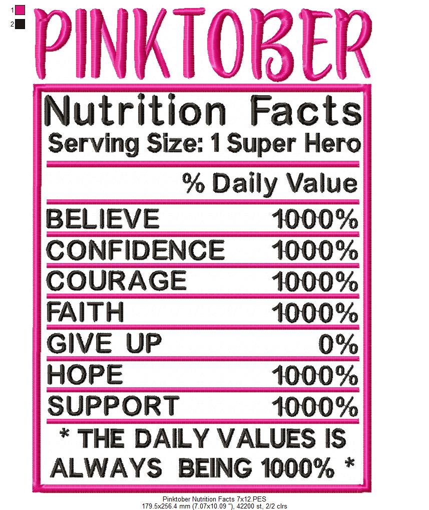 Pink October Nutrition Facts - Fill Stitch - Machine Embroidery Design