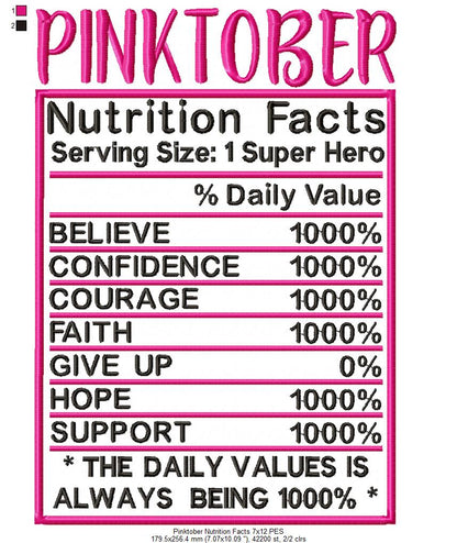 Pink October Nutrition Facts - Fill Stitch - Machine Embroidery Design