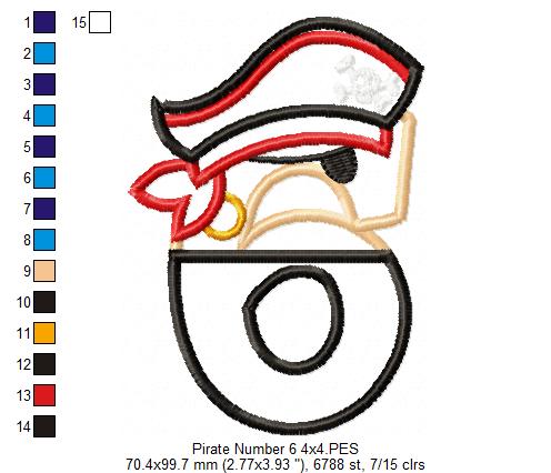 Pirate Birthday Number Six 6th Birthday - Applique - Machine Embroidery Design