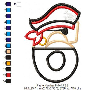 Pirate Birthday Number Six 6th Birthday - Applique - Machine Embroidery Design