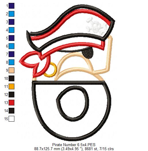 Pirate Birthday Number Six 6th Birthday - Applique - Machine Embroidery Design