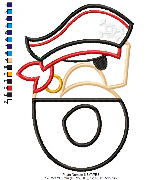 Pirate Birthday Number Six 6th Birthday - Applique - Machine Embroidery Design