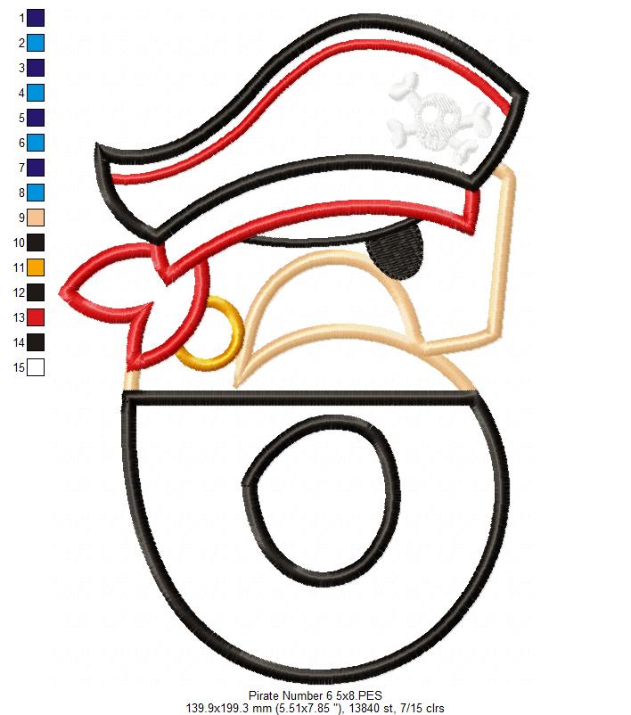 Pirate Birthday Number Six 6th Birthday - Applique - Machine Embroidery Design