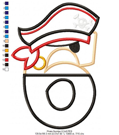 Pirate Birthday Number Six 6th Birthday - Applique - Machine Embroidery Design