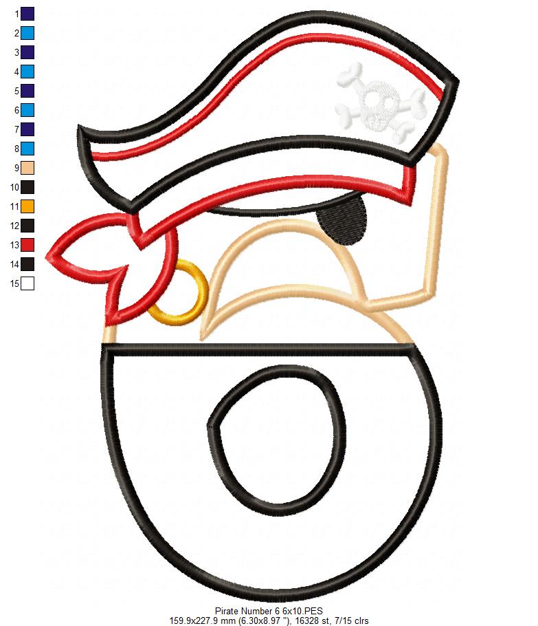 Pirate Birthday Number Six 6th Birthday - Applique - Machine Embroidery Design