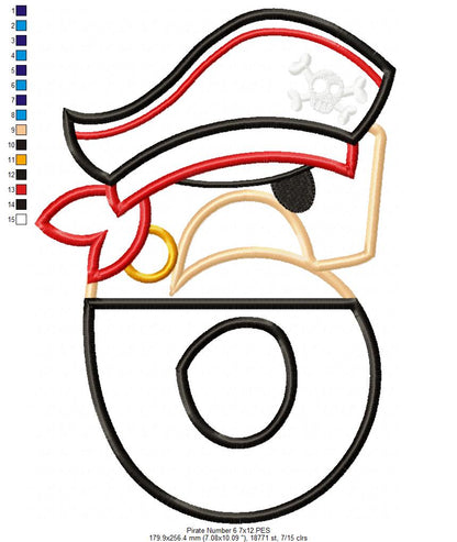 Pirate Birthday Number Six 6th Birthday - Applique - Machine Embroidery Design