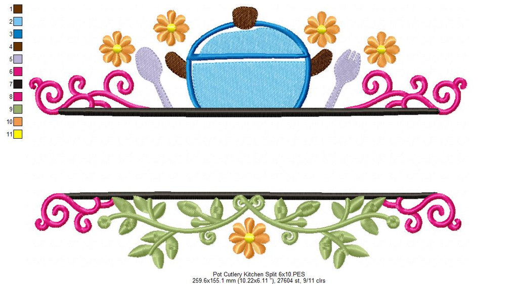 Pot and Cutlery Kitchen Split - Fill Stitch - Machine Embroidery Design