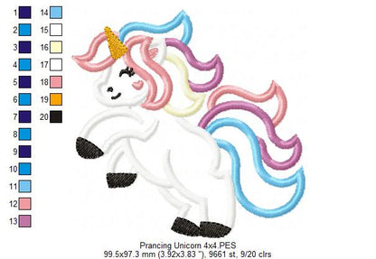 Cute Prancing Unicorn - Applique - Machine Embroidery Design