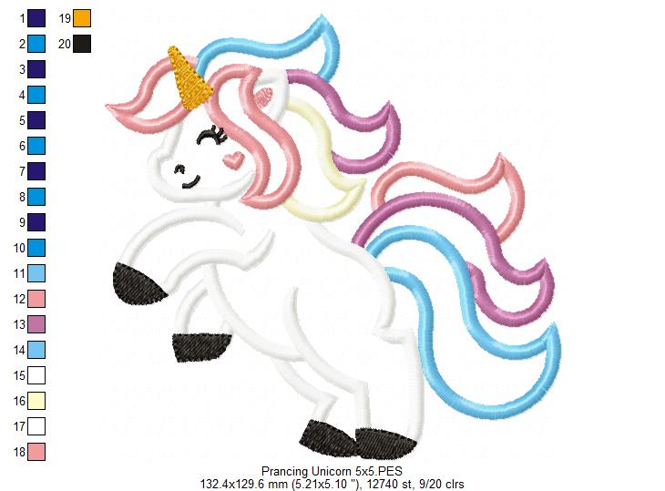 Cute Prancing Unicorn - Applique - Machine Embroidery Design