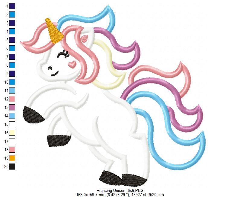 Cute Prancing Unicorn - Applique - Machine Embroidery Design