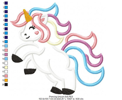 Cute Prancing Unicorn - Applique - Machine Embroidery Design