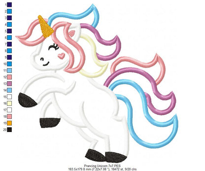 Cute Prancing Unicorn - Applique - Machine Embroidery Design