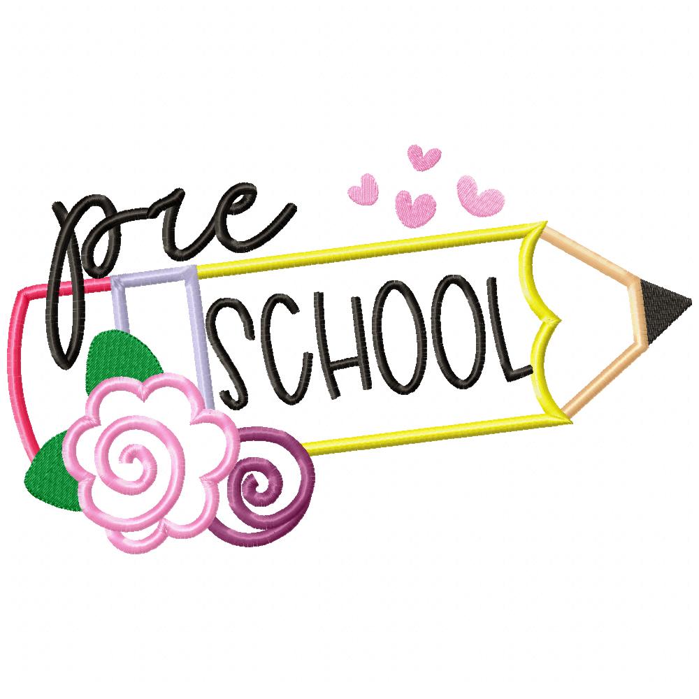 Pre School Pencil and Flowers - Applique - Machine Embroidery Design