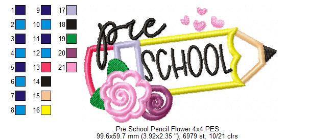 Pre School Pencil and Flowers - Applique - Machine Embroidery Design