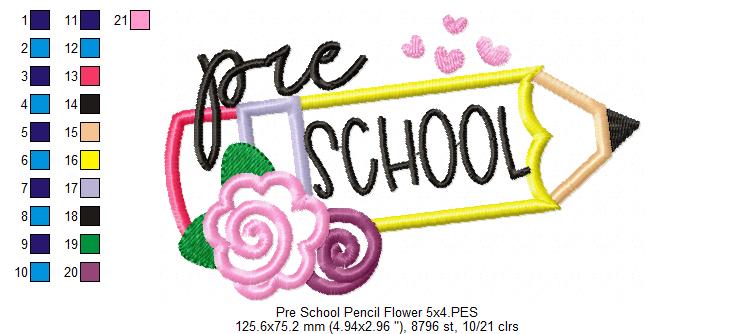 Pre School Pencil and Flowers - Applique - Machine Embroidery Design