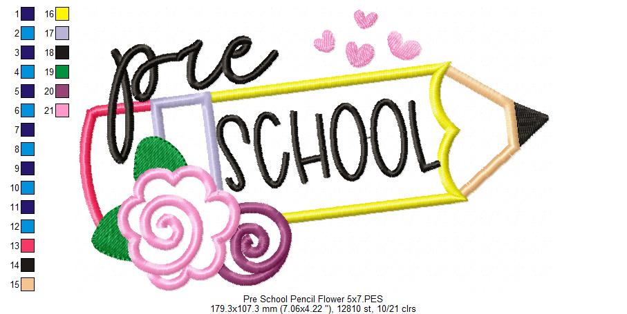 Pre School Pencil and Flowers - Applique - Machine Embroidery Design