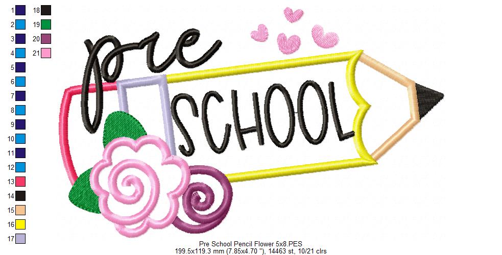 Pre School Pencil and Flowers - Applique - Machine Embroidery Design