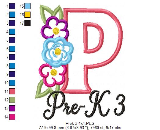 Blooming Pre-K 3 Letter P - Appliqué - Machine Embroidery Design