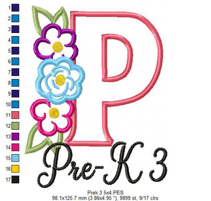 Blooming Pre-K 3 Letter P - Appliqué - Machine Embroidery Design