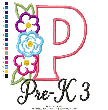 Blooming Pre-K 3 Letter P - Appliqué - Machine Embroidery Design