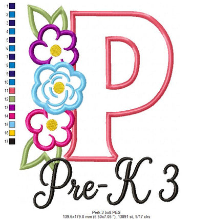 Blooming Pre-K 3 Letter P - Appliqué - Machine Embroidery Design