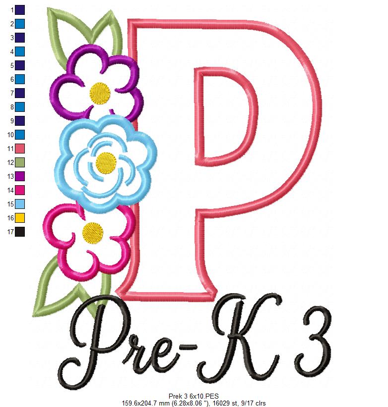 Blooming Pre-K 3 Letter P - Appliqué - Machine Embroidery Design