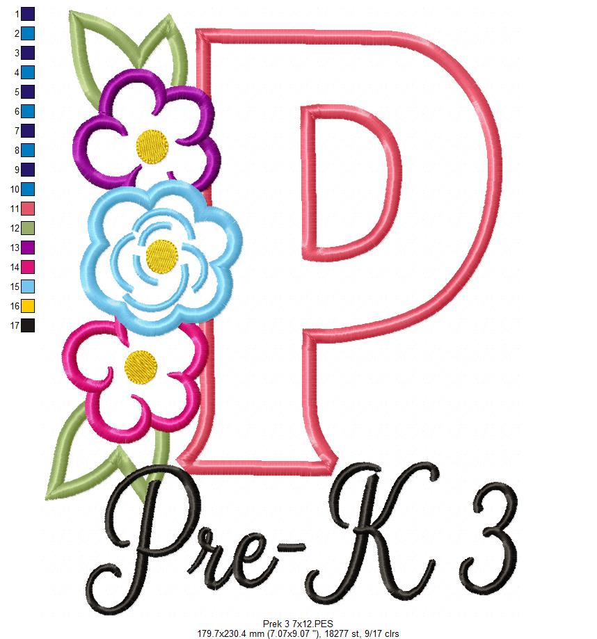 Blooming Pre-K 3 Letter P - Appliqué - Machine Embroidery Design