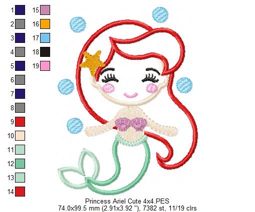 Princess Mermaid Ariel Cute - Applique Machine Embroidery Design