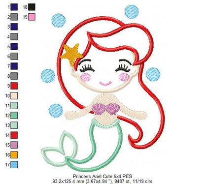 Princess Mermaid Ariel Cute - Applique Machine Embroidery Design