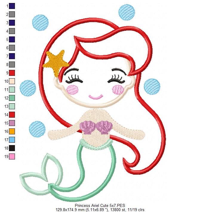 Princess Mermaid Ariel Cute - Applique Machine Embroidery Design